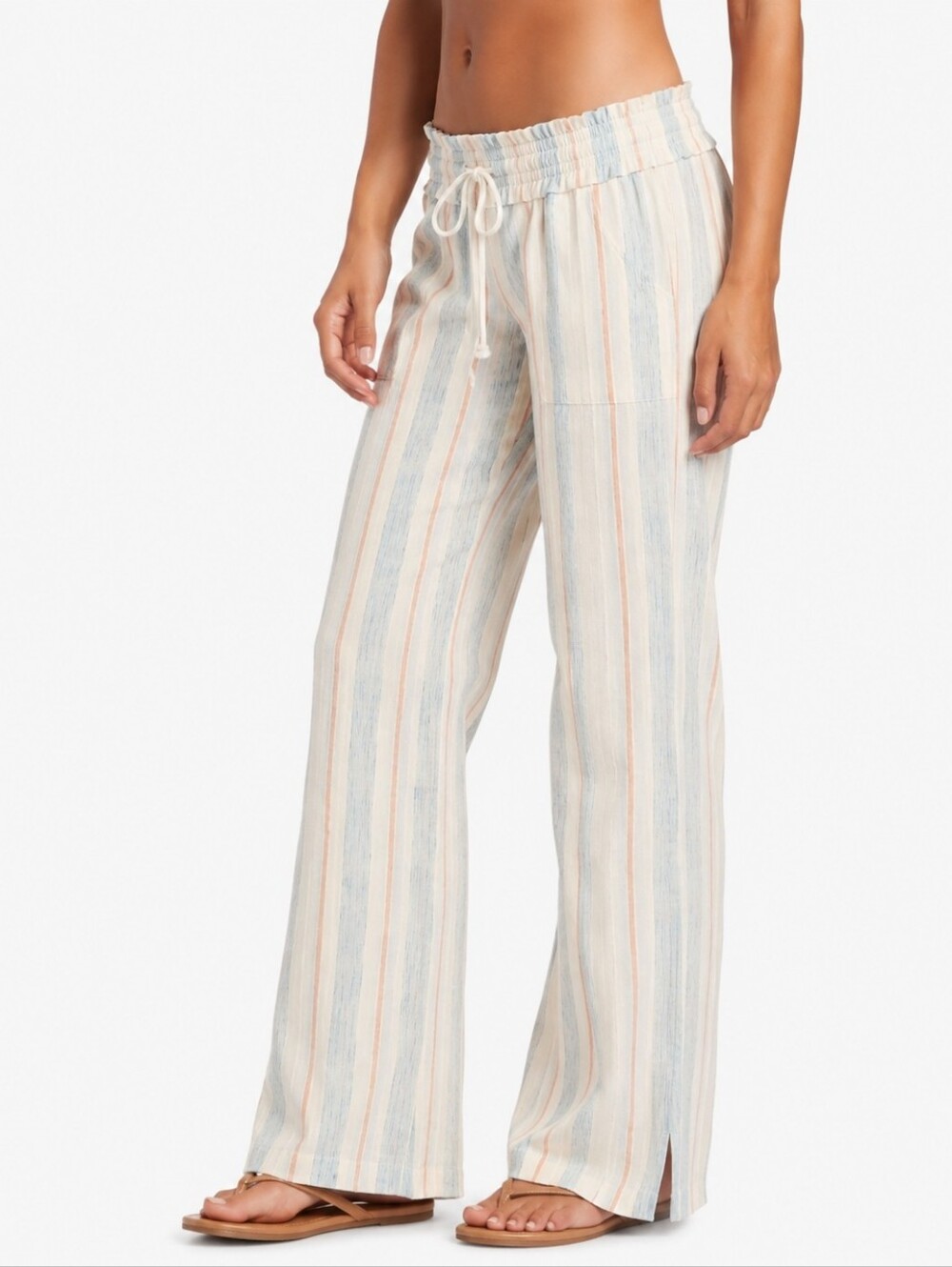 ❤️ ROXY LINEN COTTON OCEANSIDE DRAWSTRING WAIST STRAIGHT LEG PANTS IN STRIPE, M